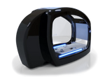 A sleek black rehabilitation chamber with a futuristic design, featuring a large curved glass front with "Rehab chamber" written on it. The interior is illuminated with blue LED lights, showcasing a modern and advanced setup ideal for therapeutic purposes.