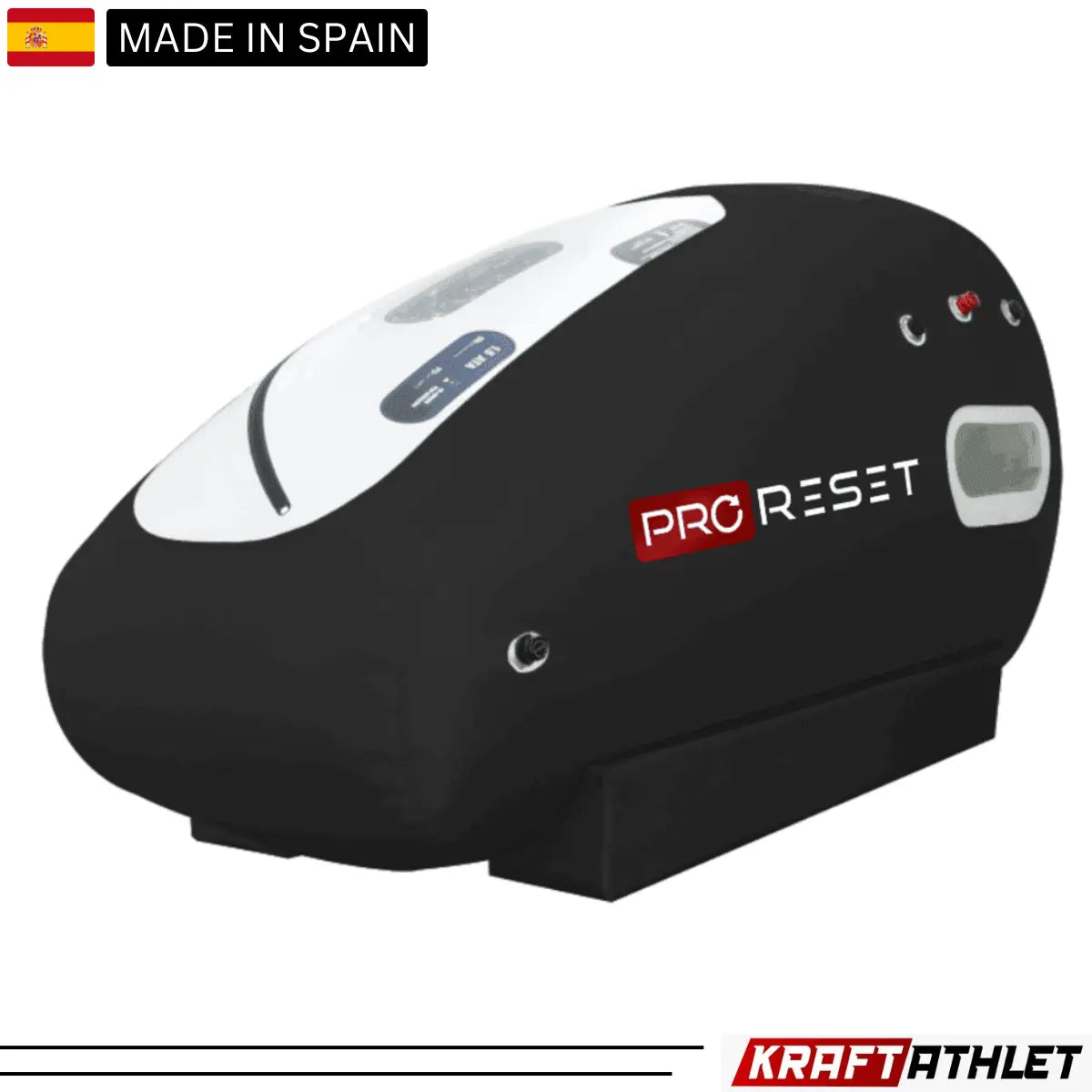 "ProReset Oasis portable hyperbaric chamber with reclining lounge chair and four viewing windows."​

