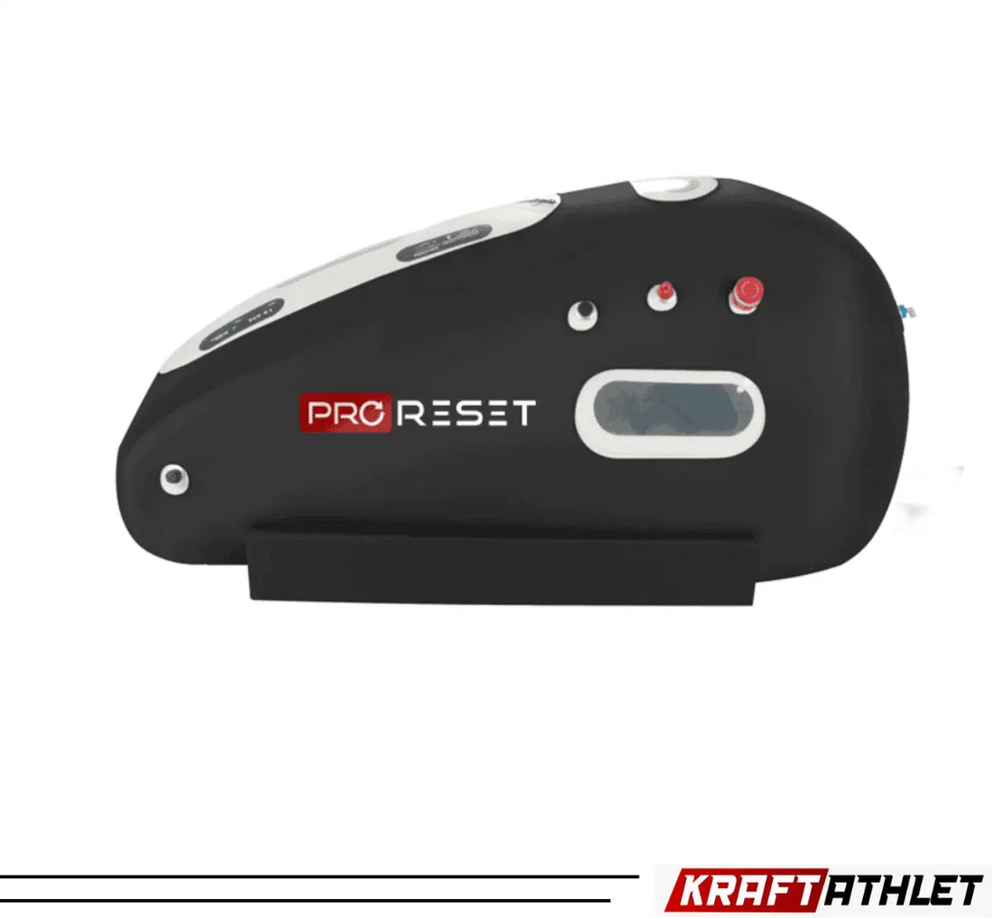 "ProReset Oasis portable hyperbaric chamber with reclining lounge chair and four viewing windows."​

