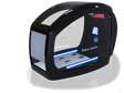 A sleek black rehabilitation chamber with a futuristic design, featuring a large curved glass front with "Rehab chamber" written on it. The interior is illuminated with blue LED lights, showcasing a modern and advanced setup ideal for therapeutic purposes.