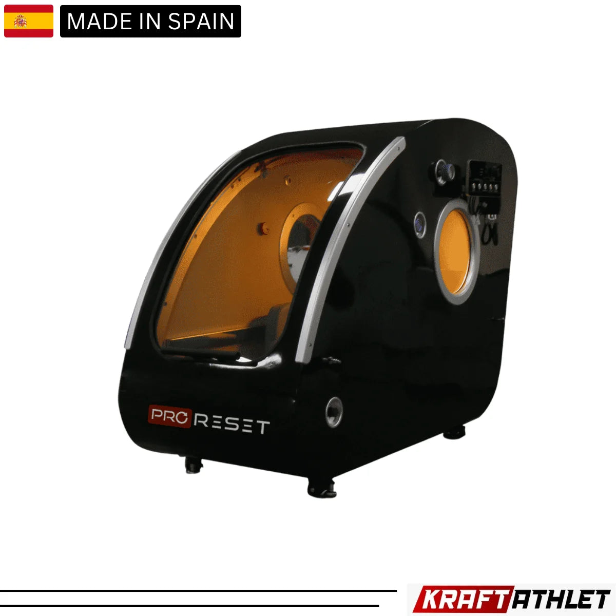 "ProReset Vista portable hyperbaric chamber with reclining lounge chair and four viewing windows."​

