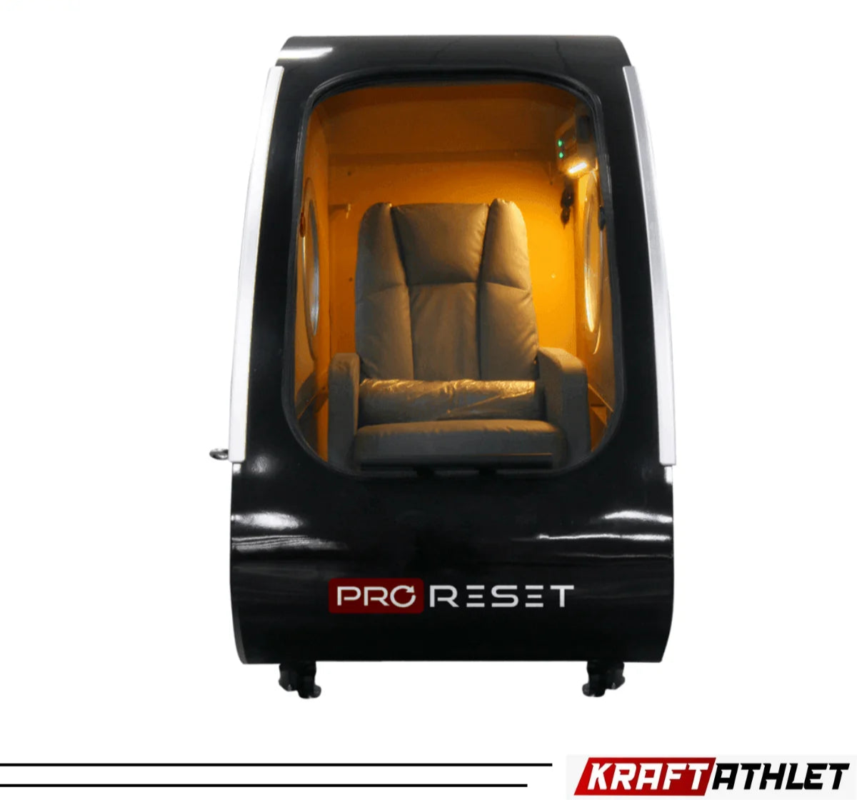 "ProReset Vista portable hyperbaric chamber with reclining lounge chair and four viewing windows."​

