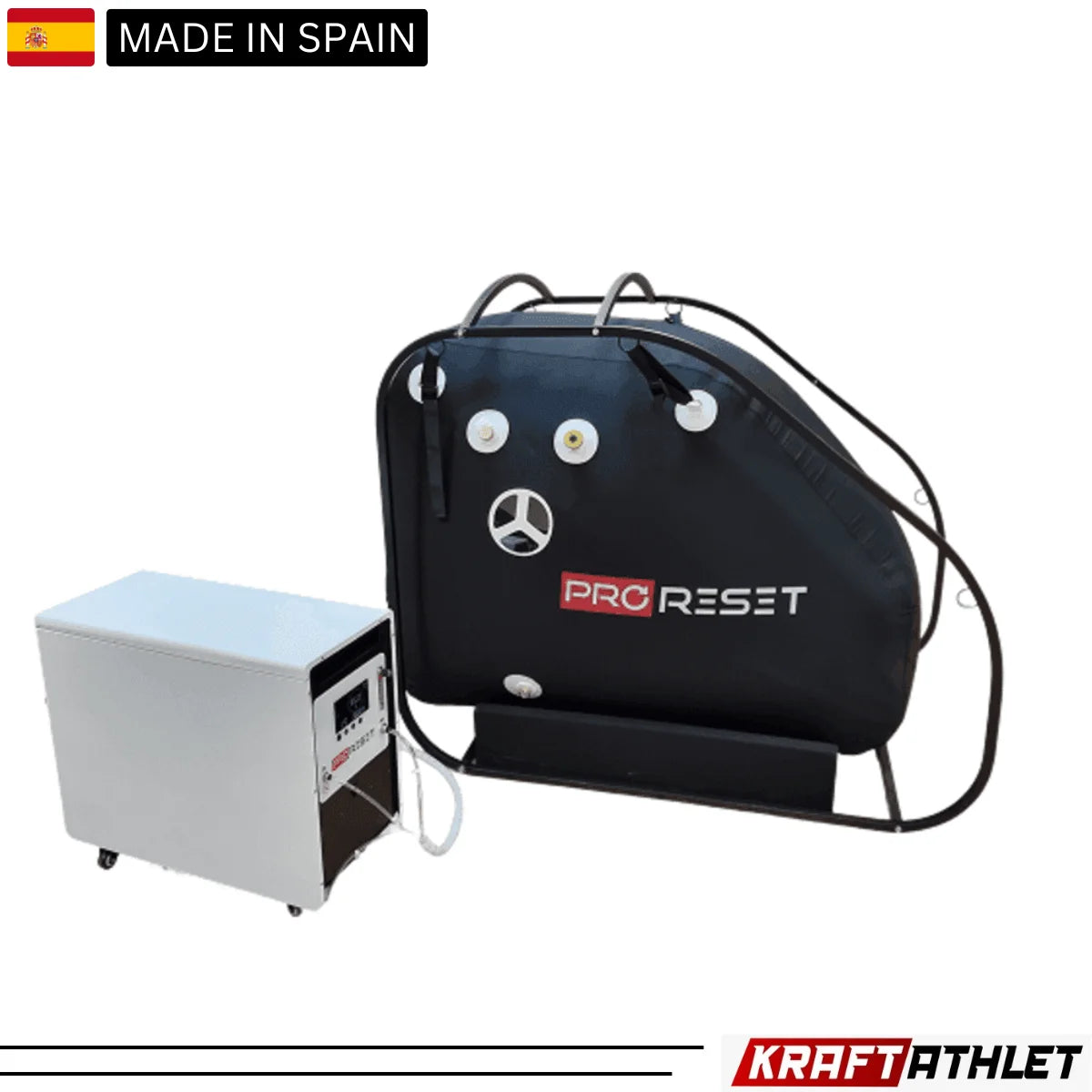 "ProReset Comfort seated hyperbaric chamber with external frame and reclining lounge chair."​

