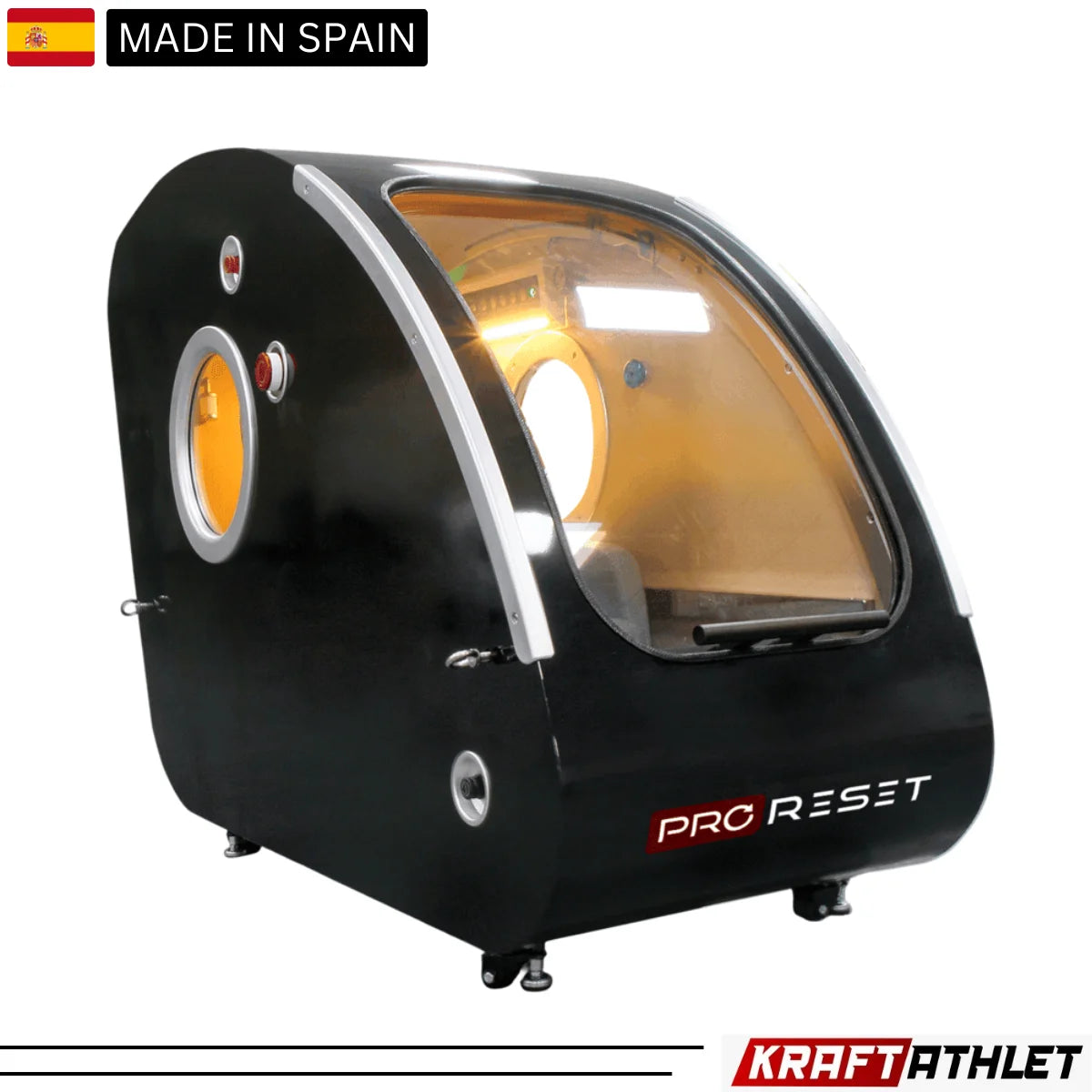 "ProReset Vista portable hyperbaric chamber with reclining lounge chair and four viewing windows."​

