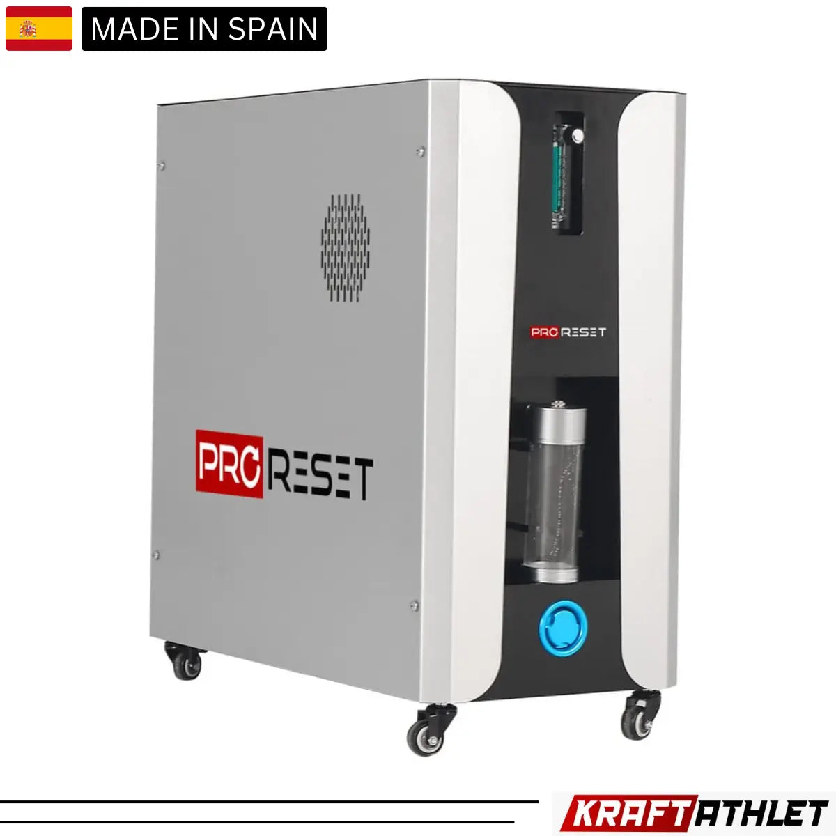 "ProReset Oasis portable hyperbaric chamber with reclining lounge chair and four viewing windows."​

