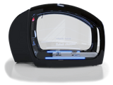 A sleek black rehabilitation chamber with a futuristic design, featuring a large curved glass front with "Rehab chamber" written on it. The interior is illuminated with blue LED lights, showcasing a modern and advanced setup ideal for therapeutic purposes.