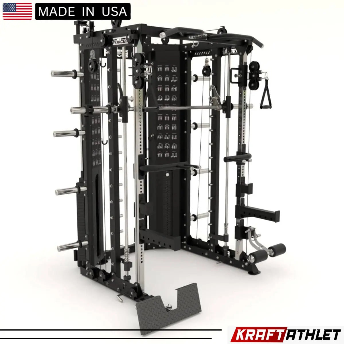 Force USA| G-Series G15® Compact All-In-One Trainer – Smith Machine, Rack + Double Pulley (Kabelverhältnis 2:1 und 4:1) + 260 kg Gewichtsscheiben enthalten – Kompakte Version