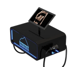 A sleek, black Iceberg Cryonick Roller cryotherapy machine featuring a digital screen displaying a human arm for demonstration. The device is illuminated with blue LED accents, showcasing its modern design and advanced functionality for muscle recovery and cold therapy applications.