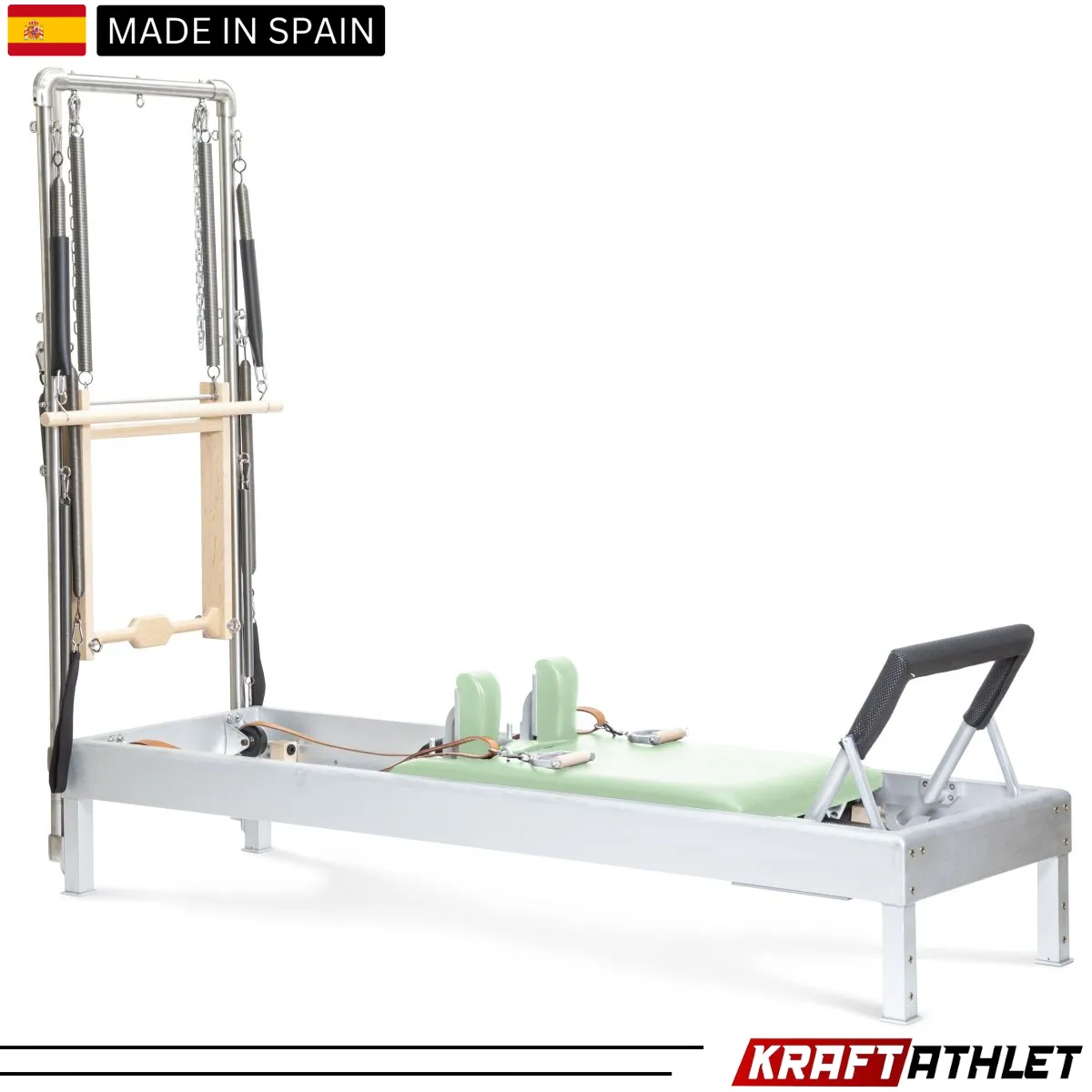 "Elina Pilates Classic Aluminium Reformer 86-inch with Tower in Grey Upholstery – Ideal for full-body workouts and professional studios."


