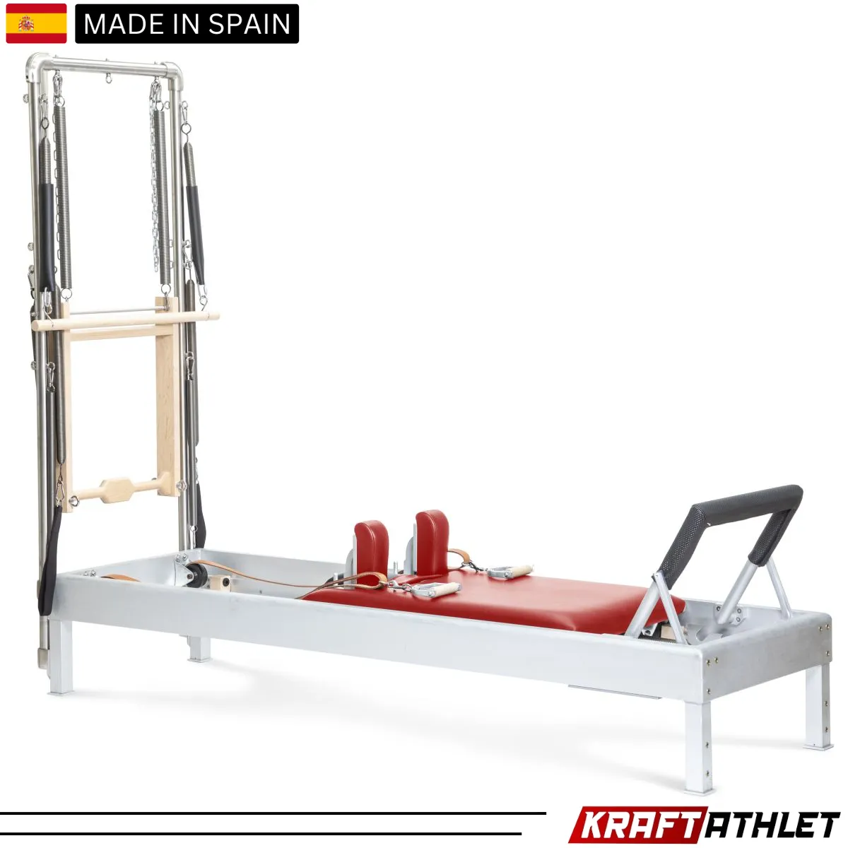 "Elina Pilates Classic Aluminium Reformer 86-inch with Tower in Grey Upholstery – Ideal for full-body workouts and professional studios."


