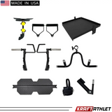 Force USA G10® and G15® All-In-One Trainer Upgrade Kit components displayed, including Jammer Arms, Lat Pulldown Bar, Leg Press Plate, and Landmine attachment.