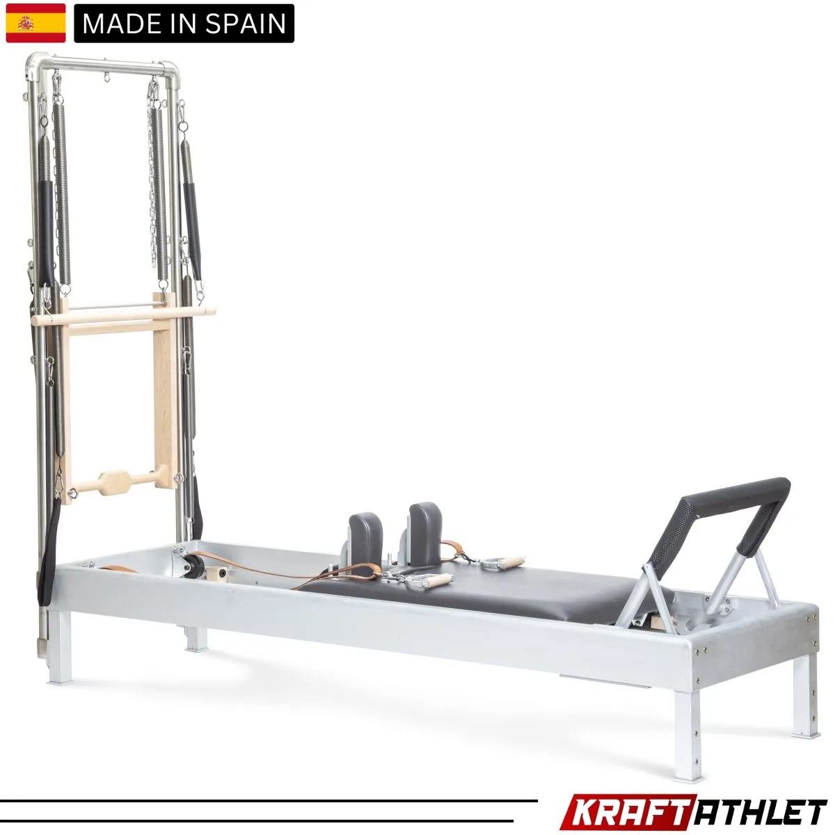 "Elina Pilates Classic Aluminium Reformer 86-inch with Tower in Grey Upholstery – Ideal for full-body workouts and professional studios."

