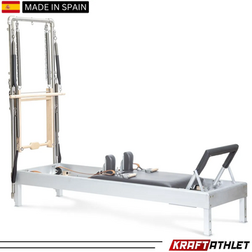 "Elina Pilates Classic Aluminium Reformer 86-inch with Tower in Grey Upholstery – Ideal for full-body workouts and professional studios."

