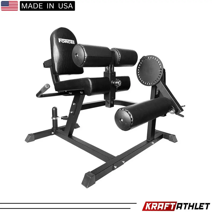 Force USA quadriceps and leg curl machine with adjustable padding and a sturdy steel frame for versatile leg training.
