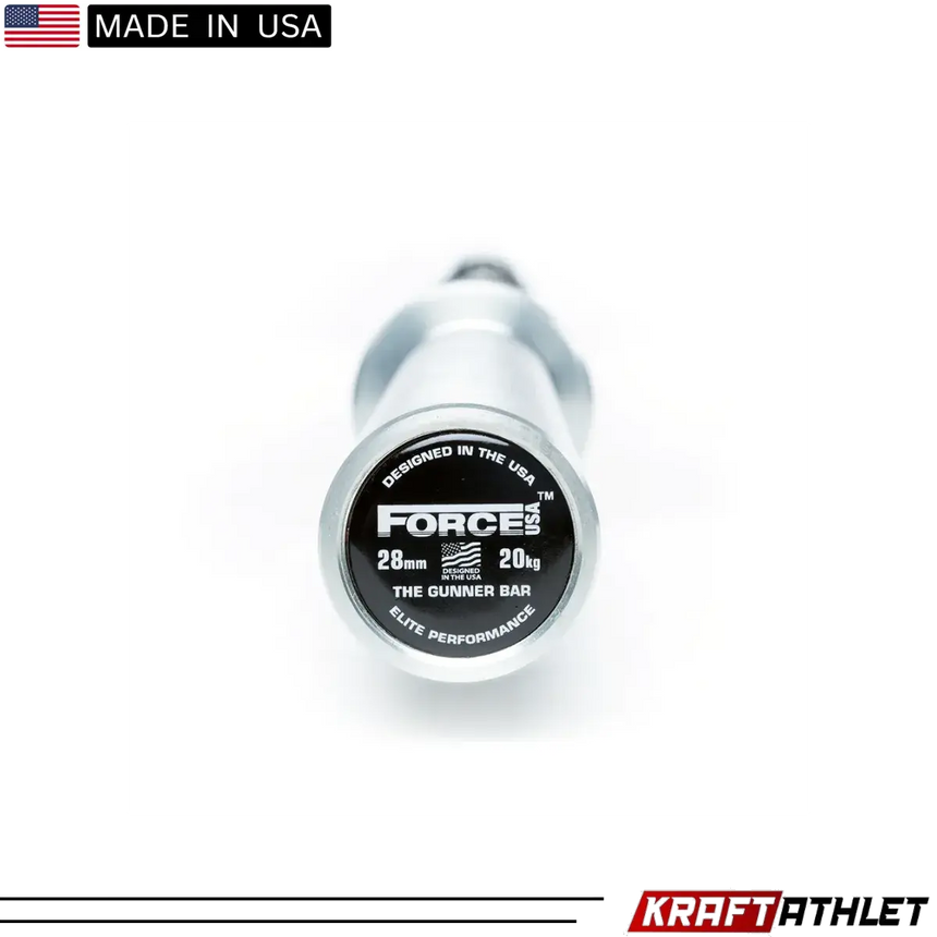 Force USA The Gunner Olympic Bar – 2.20m long, black barbell with silver sleeves and precise knurling.
