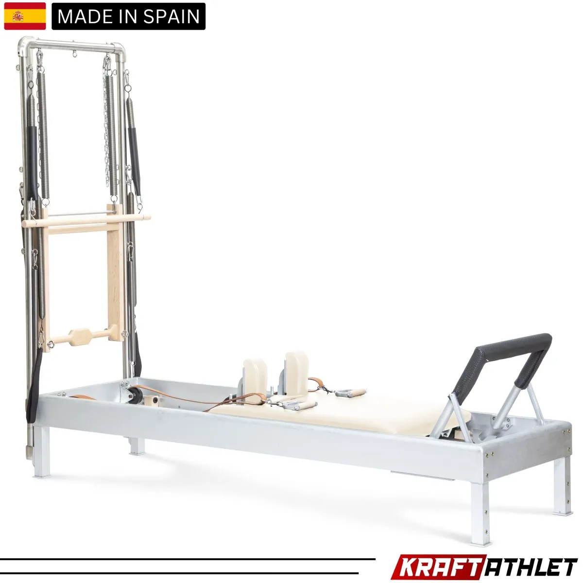 "Elina Pilates Classic Aluminium Reformer 86-inch with Tower in Grey Upholstery – Ideal for full-body workouts and professional studios."

