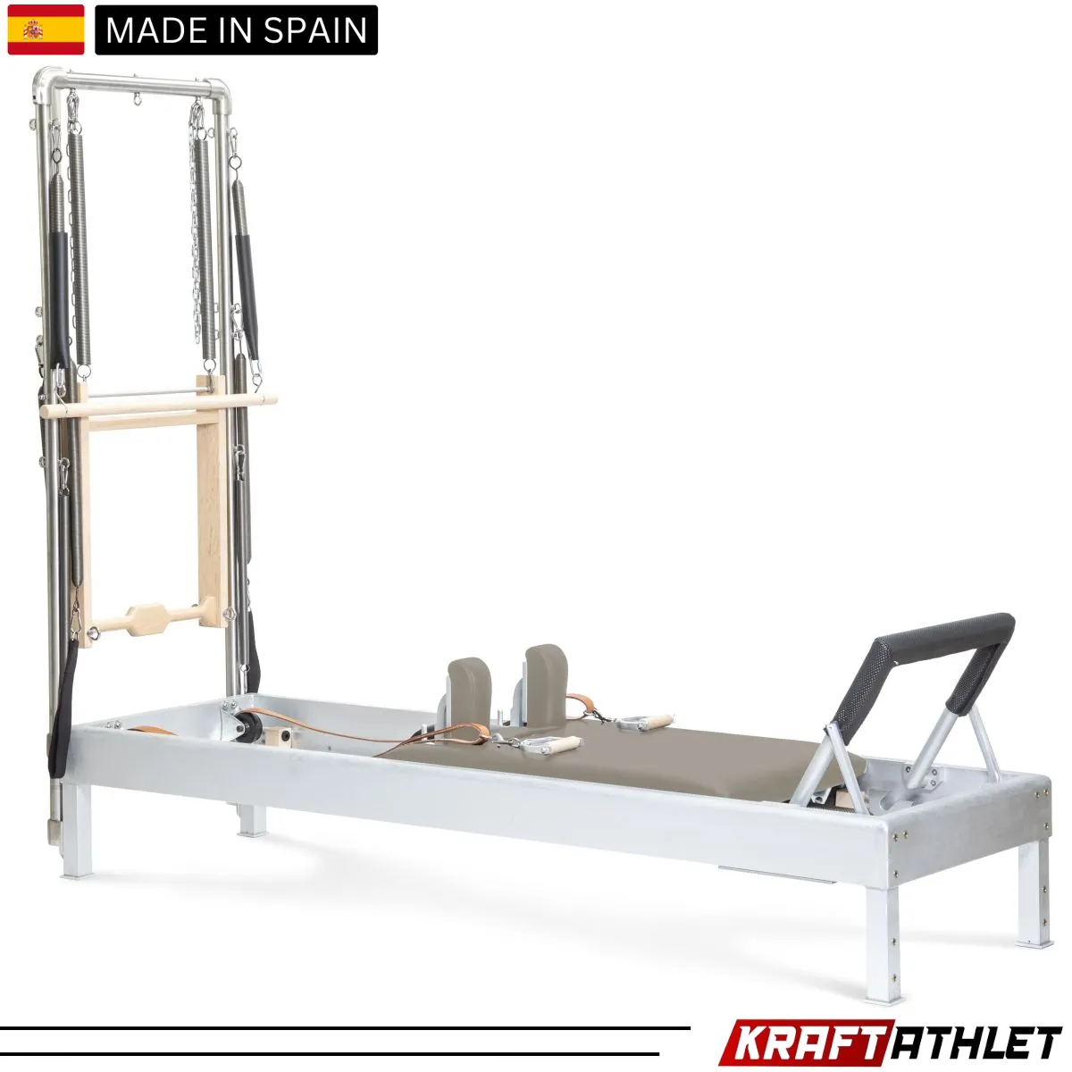 "Elina Pilates Classic Aluminium Reformer 86-inch with Tower in Grey Upholstery – Ideal for full-body workouts and professional studios."

