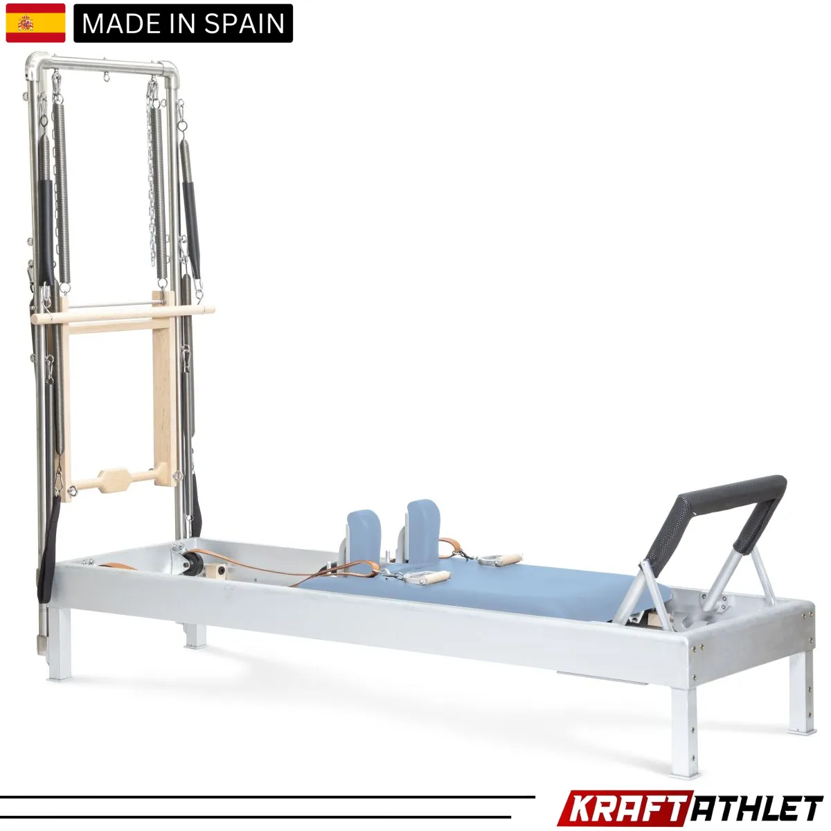 "Elina Pilates Classic Aluminium Reformer 86-inch with Tower in Grey Upholstery – Ideal for full-body workouts and professional studios."

