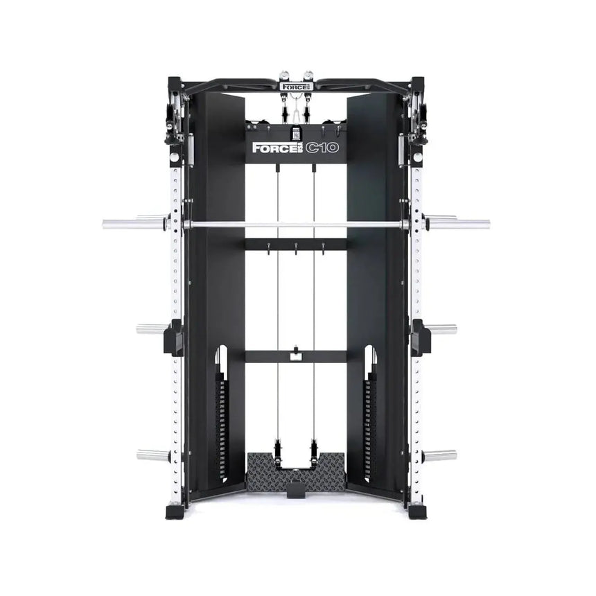 Force USA C10 All-In-One Trainer featuring Power Rack, Smith Machine, and Cable Pulley System.​

