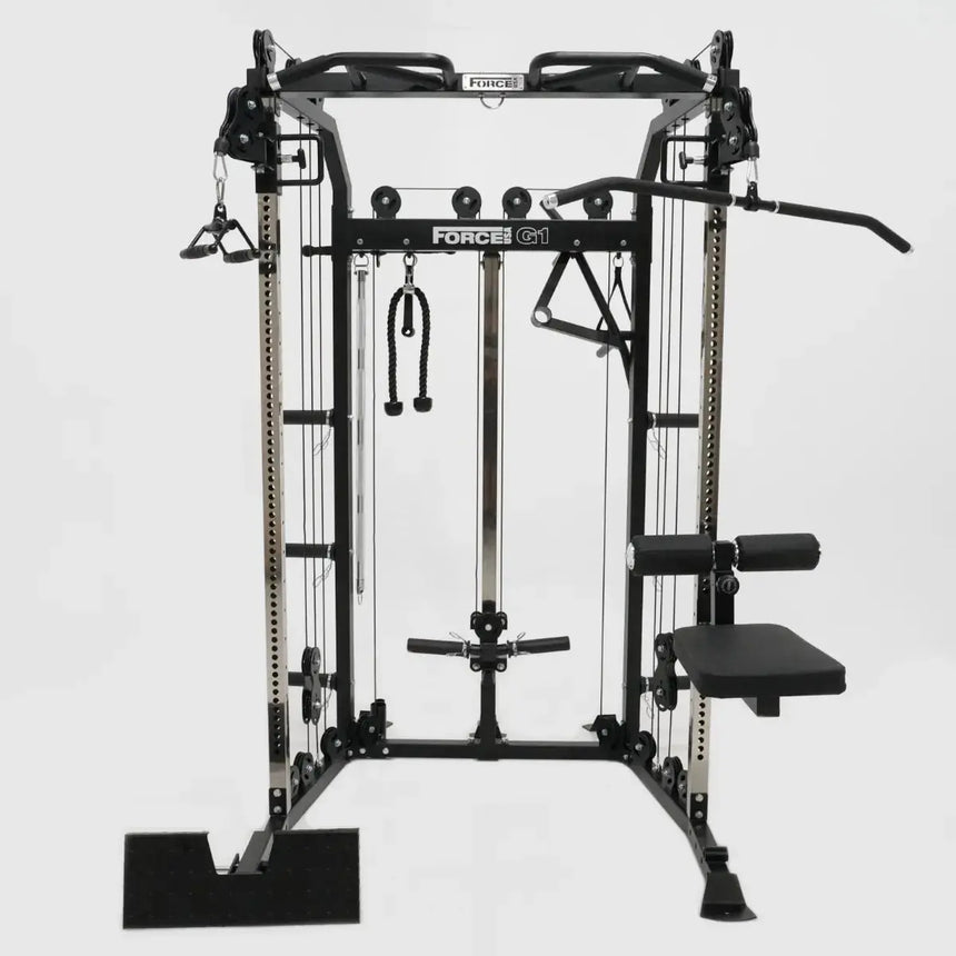 Force USA G1 All-In-One Trainer V2 Upgrade Kit components including lat pulldown seat and low row foot plate.​
