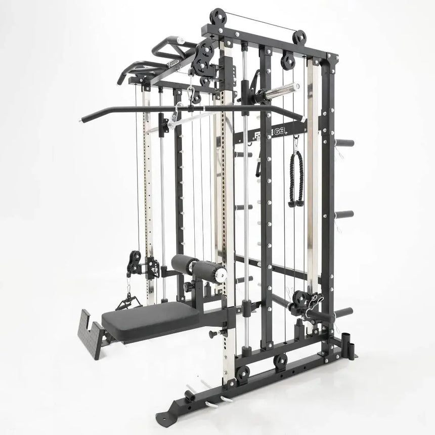 Force USA Lateral Row Seat attached to an all-in-one rowing trainer.
