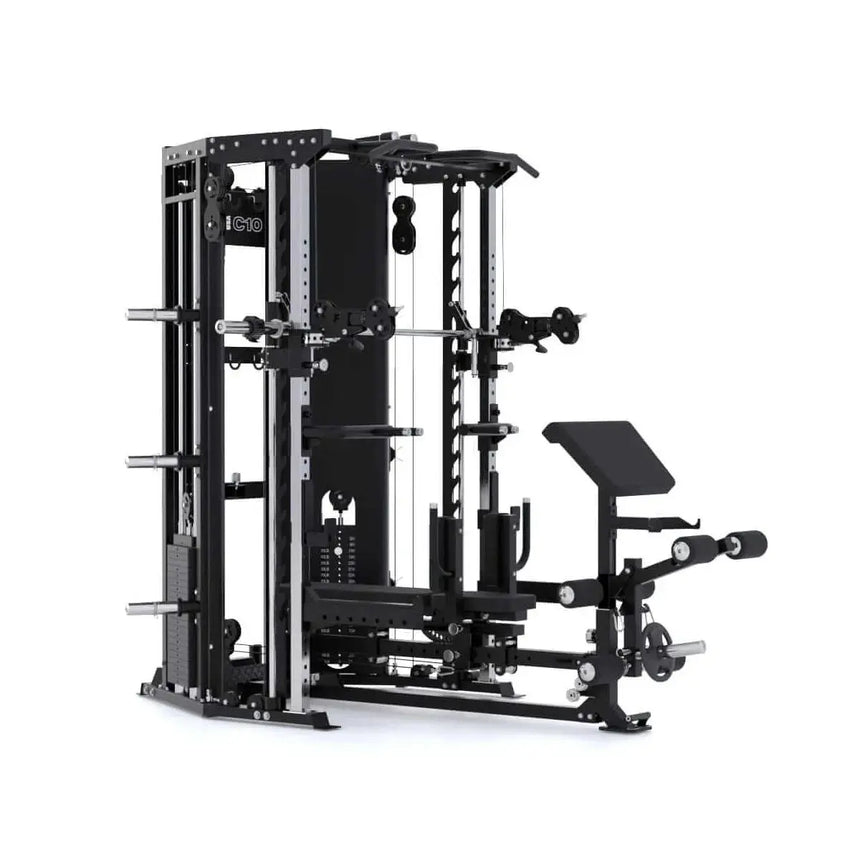 Force USA C10 Base Bench with leg curl, leg extension, and preacher curl attachments.​

