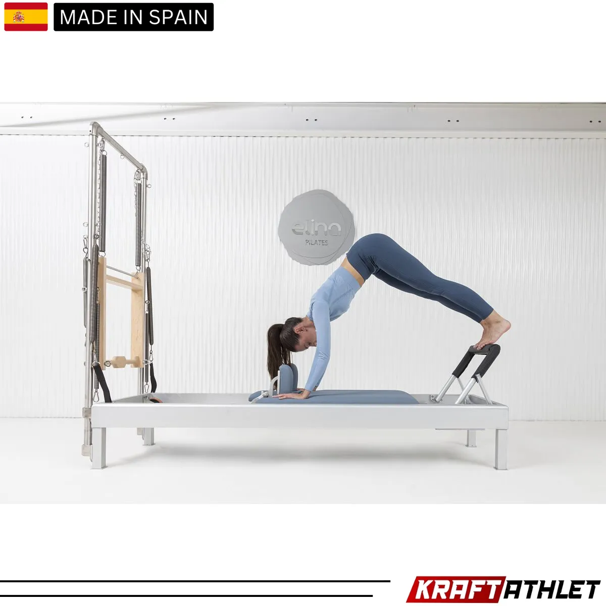 "Elina Pilates Classic Aluminium Reformer 86-inch with Tower in Grey Upholstery – Ideal for full-body workouts and professional studios."


