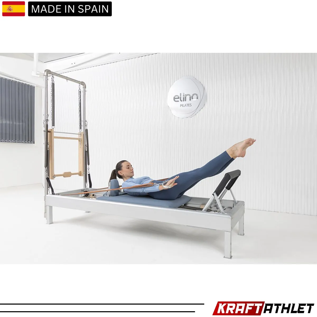 "Elina Pilates Classic Aluminium Reformer 86-inch with Tower in Grey Upholstery – Ideal for full-body workouts and professional studios."

