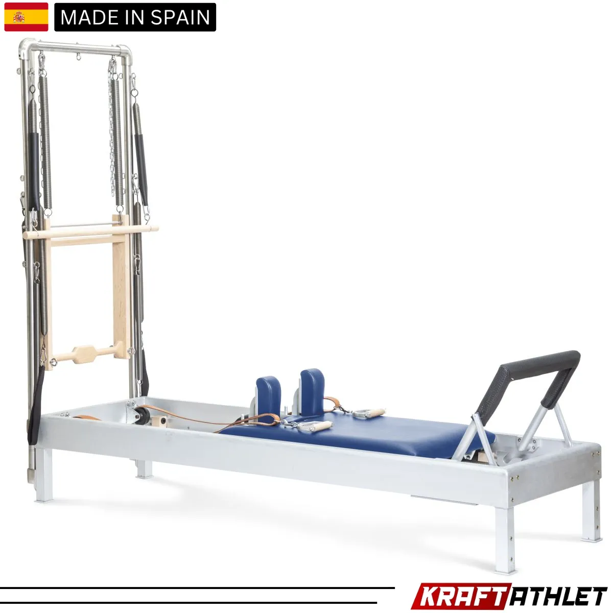 "Elina Pilates Classic Aluminium Reformer 86-inch with Tower in Grey Upholstery – Ideal for full-body workouts and professional studios."

