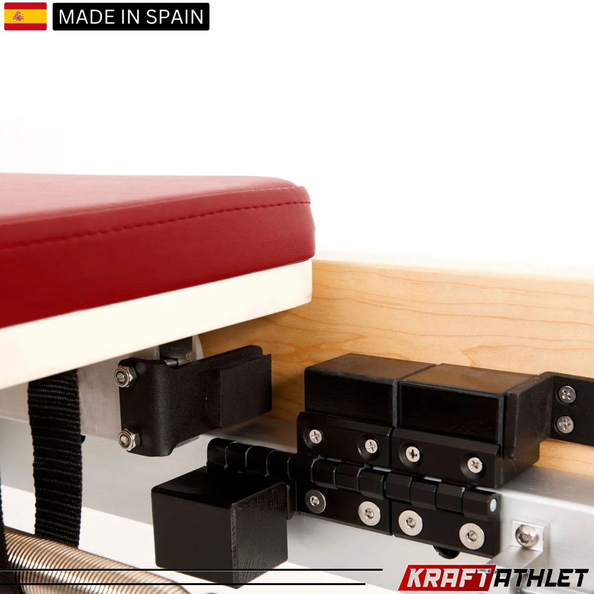 "Elina Pilates Wooden Reformer with adjustable resistance for professional Pilates training."

